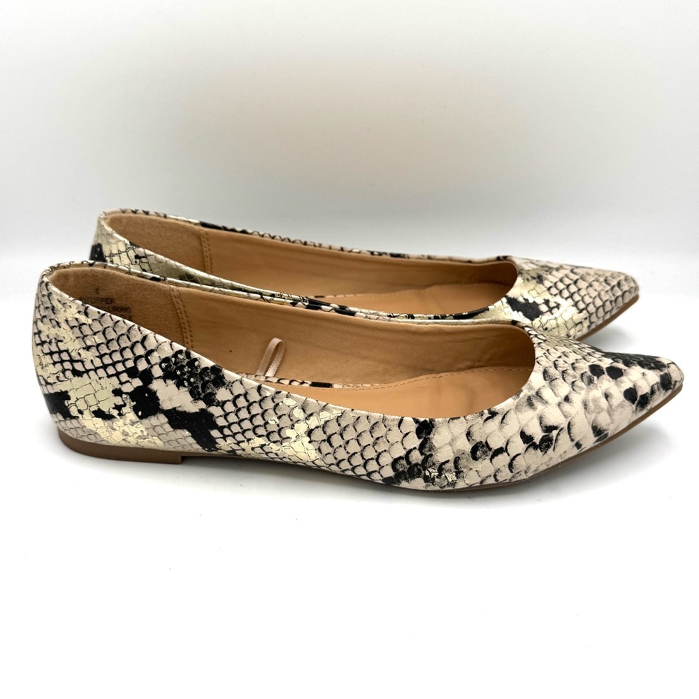 EXPRESS Snake Print Pointed Toe Ballet Flats Metallic Gold Ivory Black Size 8